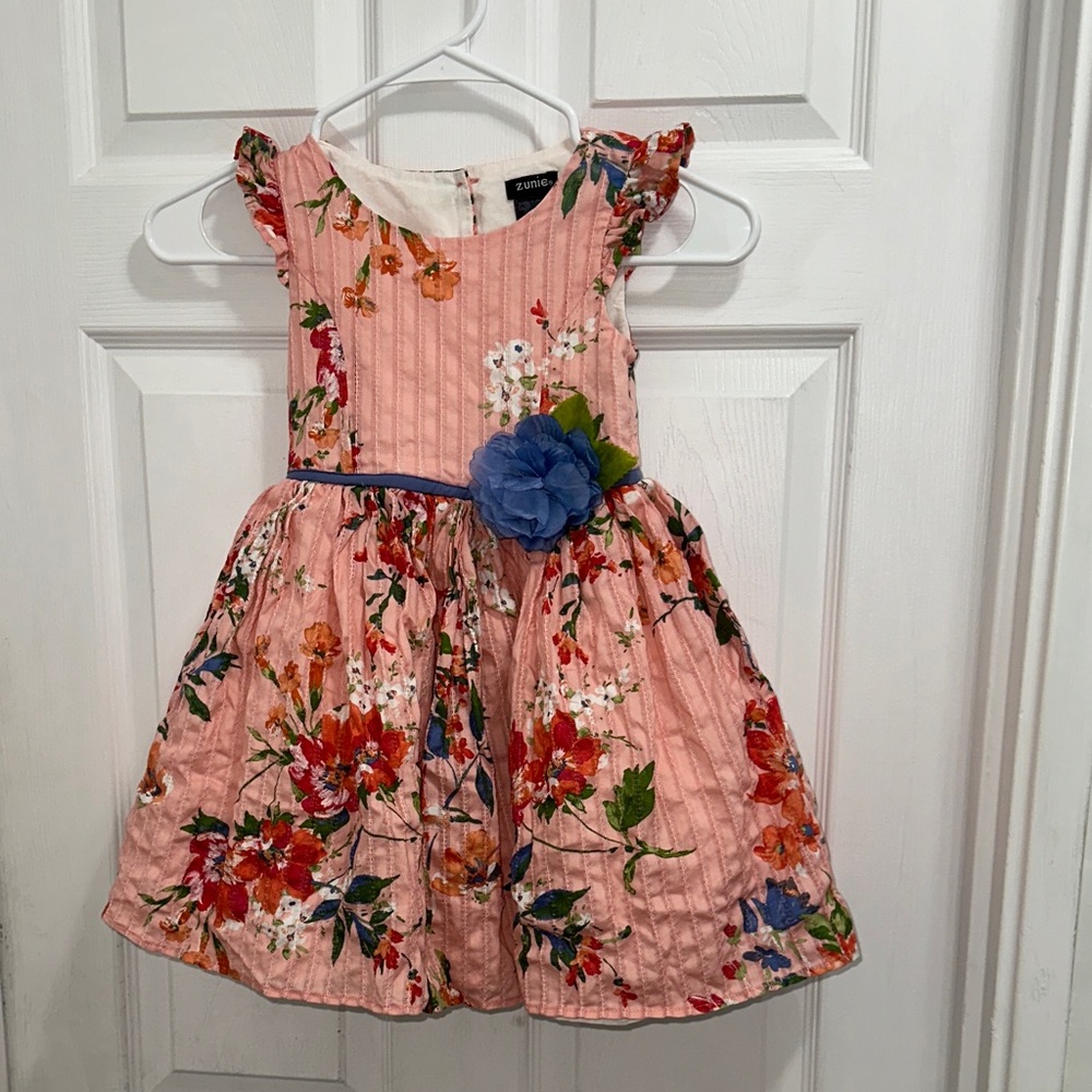 Zunie Pink Floral Dress with Blue Flower Waist Accent